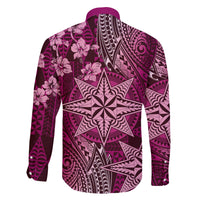 Vintage Tonga Tribal Ngatu Pattern Family Matching Off The Shoulder Long Sleeve Dress and Hawaiian Shirt With Pacific Floral Pink Art LT9 - Polynesian Pride