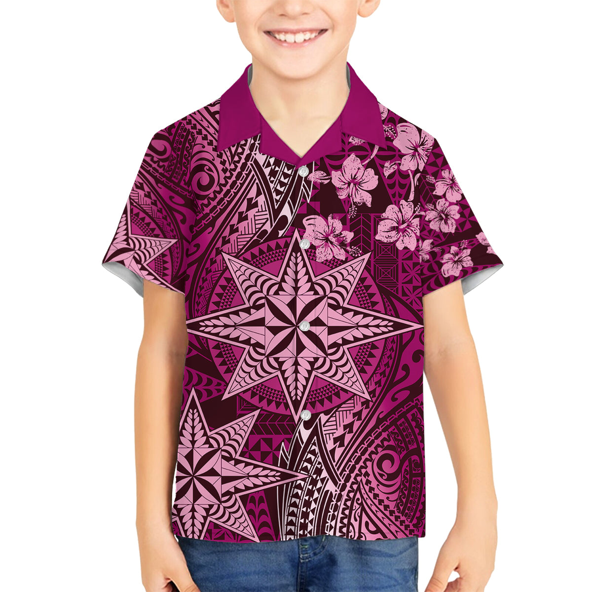 Vintage Tonga Tribal Ngatu Pattern Family Matching Off The Shoulder Long Sleeve Dress and Hawaiian Shirt With Pacific Floral Pink Art LT9 Son's Shirt Pink - Polynesian Pride