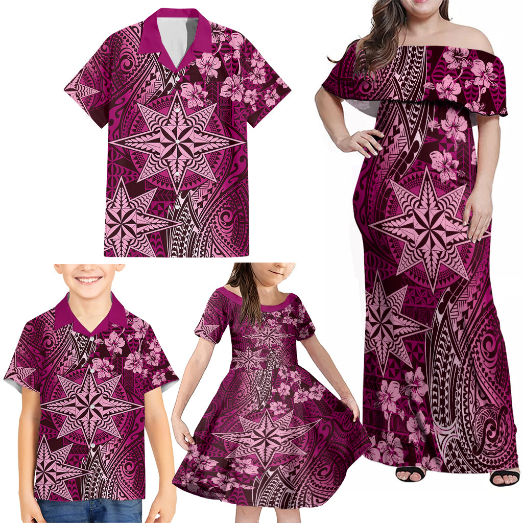 Vintage Tonga Tribal Ngatu Pattern Family Matching Off Shoulder Maxi Dress and Hawaiian Shirt With Pacific Floral Pink Art LT9 - Polynesian Pride