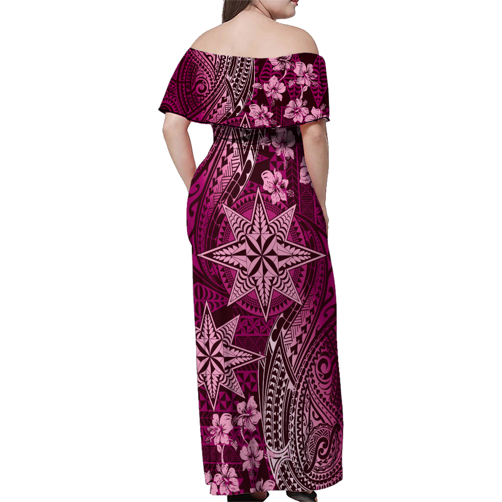 Vintage Tonga Tribal Ngatu Pattern Family Matching Off Shoulder Maxi Dress and Hawaiian Shirt With Pacific Floral Pink Art LT9 - Polynesian Pride
