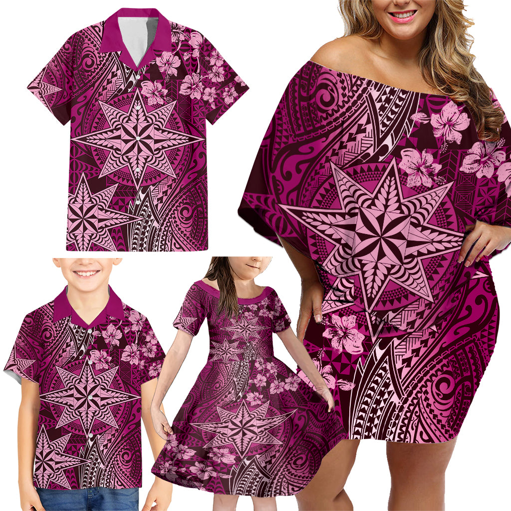 Vintage Tonga Tribal Ngatu Pattern Family Matching Off Shoulder Short Dress and Hawaiian Shirt With Pacific Floral Pink Art LT9 - Polynesian Pride
