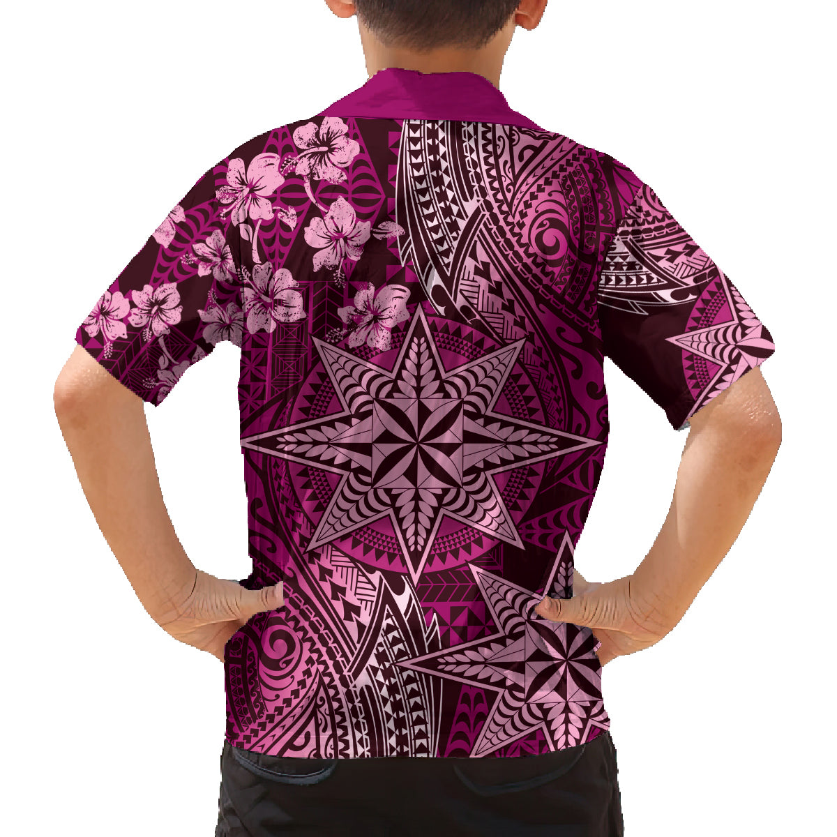 Vintage Tonga Tribal Ngatu Pattern Family Matching Puletasi and Hawaiian Shirt With Pacific Floral Pink Art LT9 - Polynesian Pride