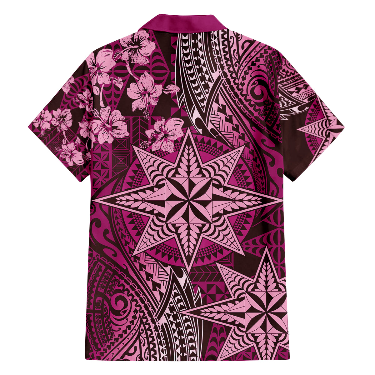 Vintage Tonga Tribal Ngatu Pattern Family Matching Puletasi and Hawaiian Shirt With Pacific Floral Pink Art LT9 - Polynesian Pride