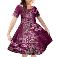 Vintage Tonga Tribal Ngatu Pattern Family Matching Short Sleeve Bodycon Dress and Hawaiian Shirt With Pacific Floral Pink Art LT9 Daughter's Dress Pink - Polynesian Pride