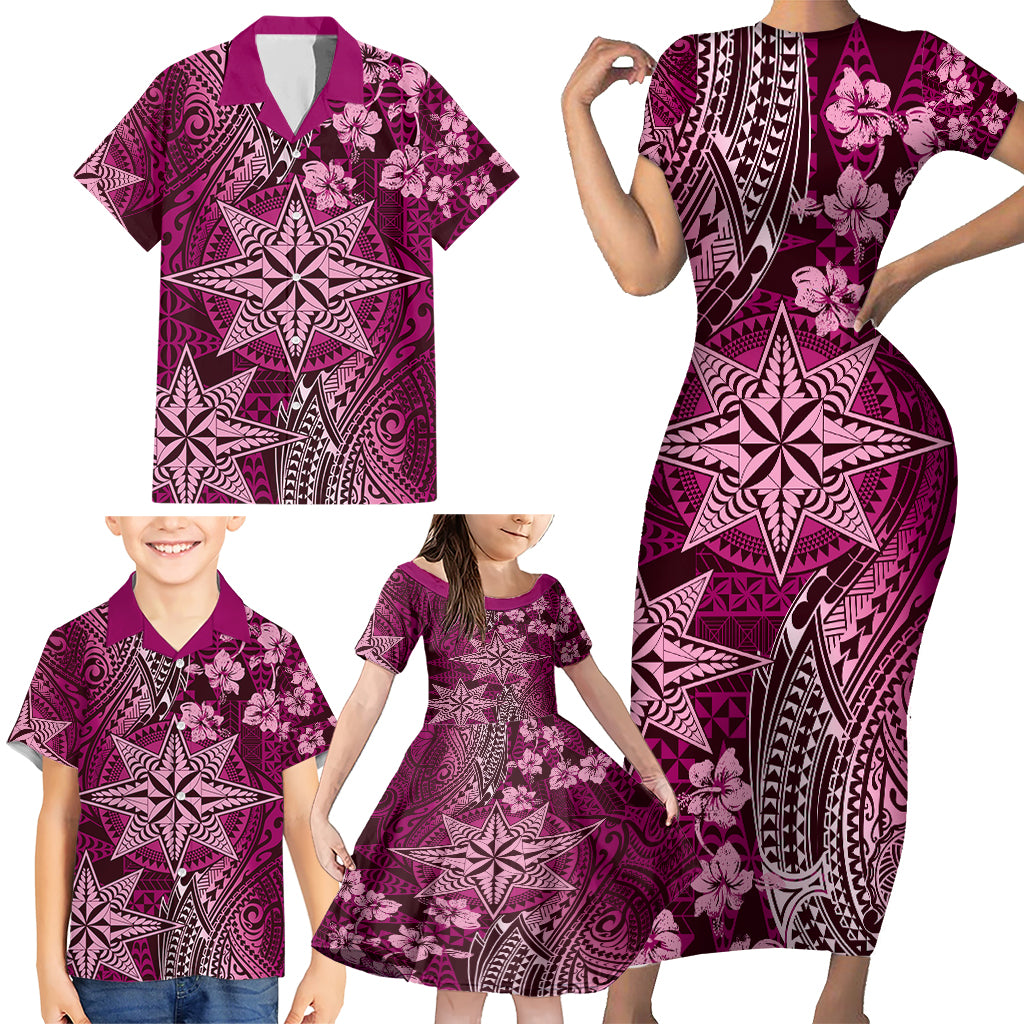 Vintage Tonga Tribal Ngatu Pattern Family Matching Short Sleeve Bodycon Dress and Hawaiian Shirt With Pacific Floral Pink Art LT9 - Polynesian Pride