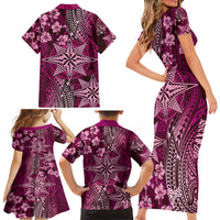 Vintage Tonga Tribal Ngatu Pattern Family Matching Short Sleeve Bodycon Dress and Hawaiian Shirt With Pacific Floral Pink Art LT9 - Polynesian Pride