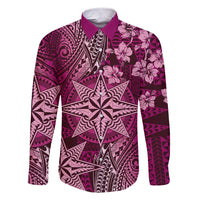 Vintage Tonga Tribal Ngatu Pattern Family Matching Short Sleeve Bodycon Dress and Hawaiian Shirt With Pacific Floral Pink Art LT9 Dad's Shirt - Long Sleeve Pink - Polynesian Pride