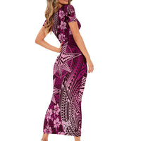 Vintage Tonga Tribal Ngatu Pattern Family Matching Short Sleeve Bodycon Dress and Hawaiian Shirt With Pacific Floral Pink Art LT9 - Polynesian Pride