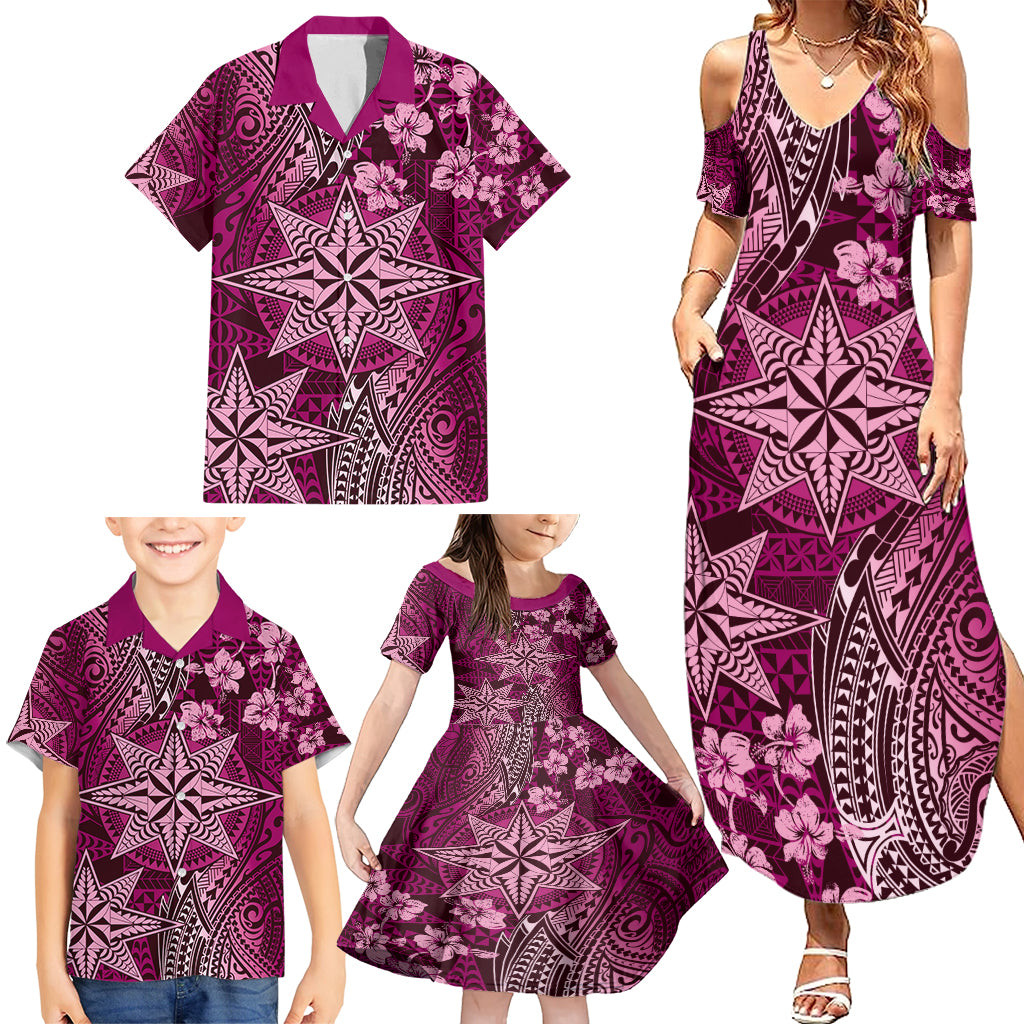 Vintage Tonga Tribal Ngatu Pattern Family Matching Summer Maxi Dress and Hawaiian Shirt With Pacific Floral Pink Art LT9 - Polynesian Pride