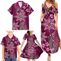 Vintage Tonga Tribal Ngatu Pattern Family Matching Summer Maxi Dress and Hawaiian Shirt With Pacific Floral Pink Art LT9 - Polynesian Pride