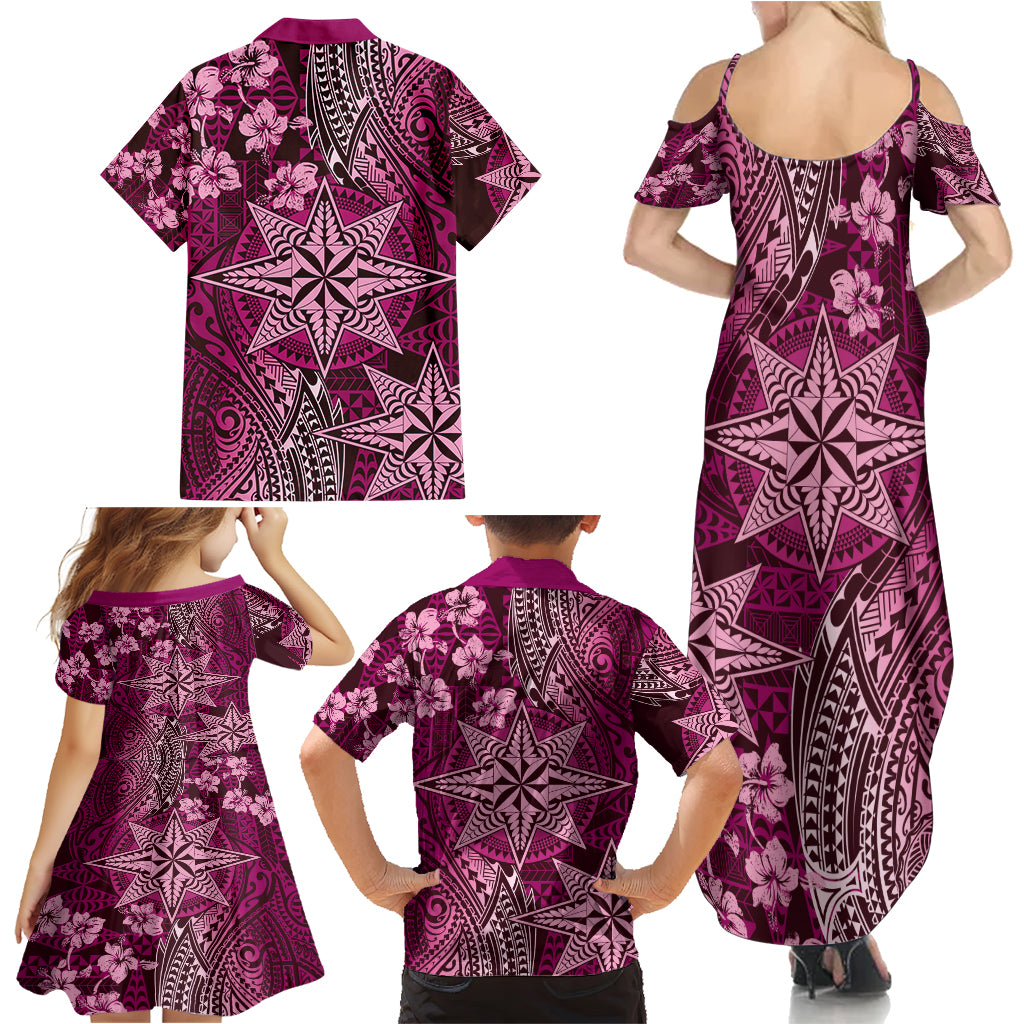 Vintage Tonga Tribal Ngatu Pattern Family Matching Summer Maxi Dress and Hawaiian Shirt With Pacific Floral Pink Art LT9 - Polynesian Pride