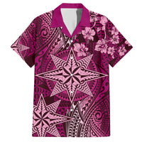 Vintage Tonga Tribal Ngatu Pattern Family Matching Summer Maxi Dress and Hawaiian Shirt With Pacific Floral Pink Art LT9 Dad's Shirt - Short Sleeve Pink - Polynesian Pride