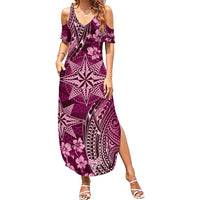 Vintage Tonga Tribal Ngatu Pattern Family Matching Summer Maxi Dress and Hawaiian Shirt With Pacific Floral Pink Art LT9 Mom's Dress Pink - Polynesian Pride