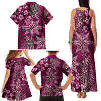 Vintage Tonga Tribal Ngatu Pattern Family Matching Tank Maxi Dress and Hawaiian Shirt With Pacific Floral Pink Art LT9 - Polynesian Pride
