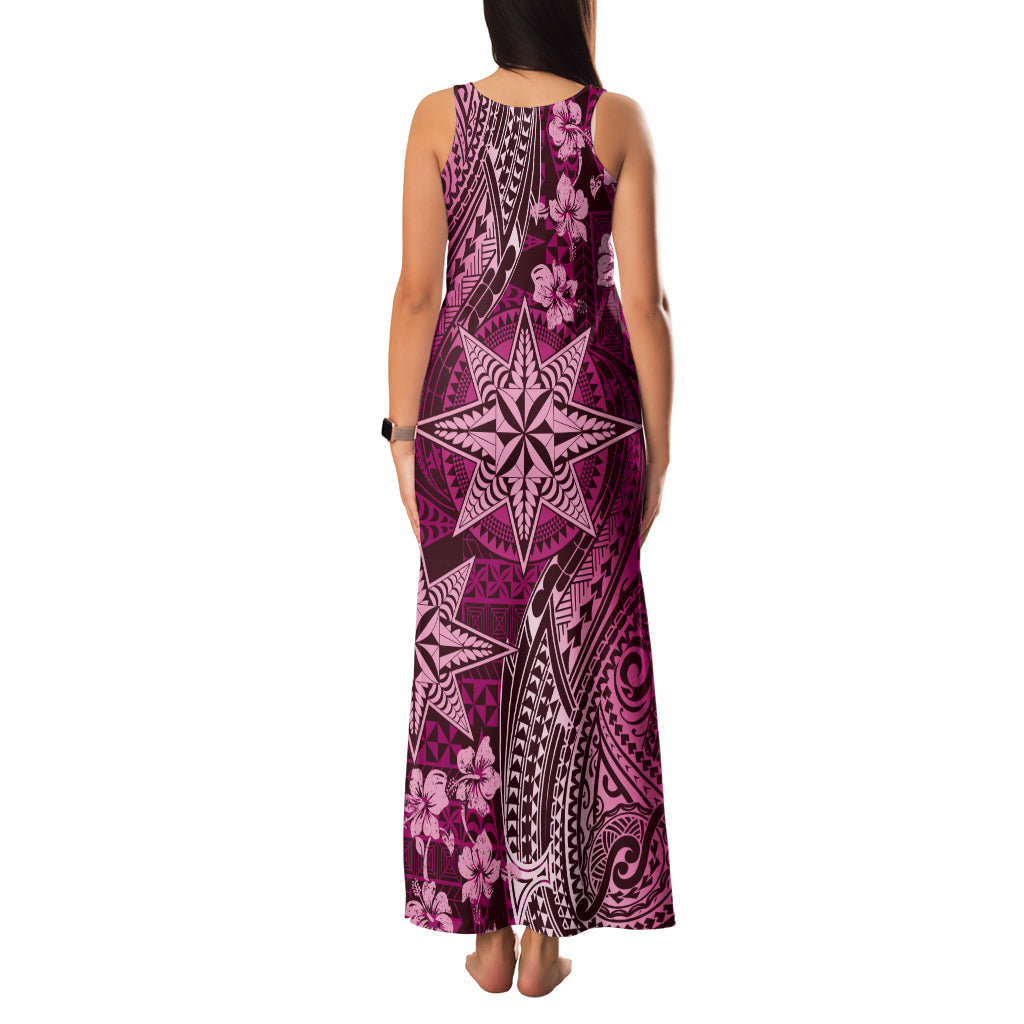 Vintage Tonga Tribal Ngatu Pattern Family Matching Tank Maxi Dress and Hawaiian Shirt With Pacific Floral Pink Art LT9 - Polynesian Pride