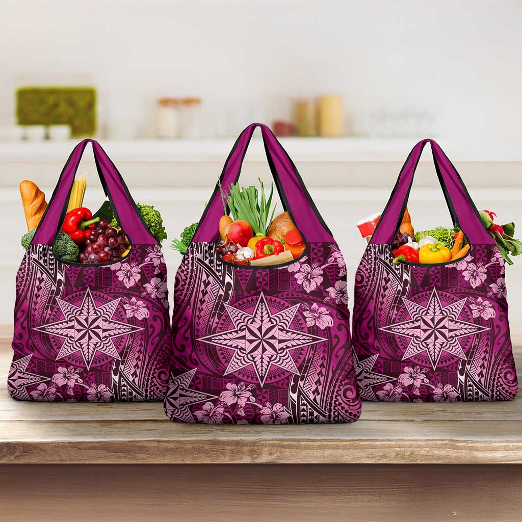Vintage Tonga Tribal Ngatu Pattern Grocery Bag With Pacific Floral Pink Art
