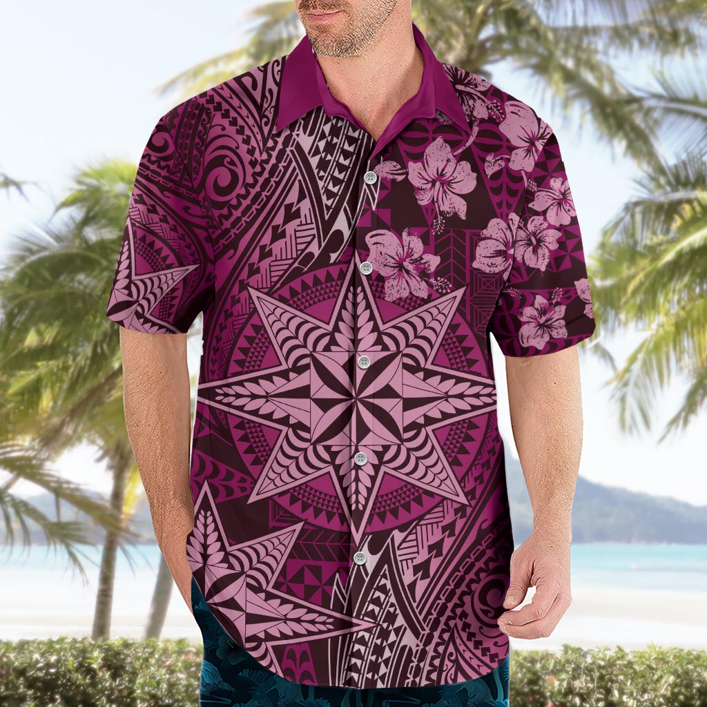 Vintage Tonga Tribal Ngatu Pattern Hawaiian Shirt With Pacific Floral Pink Art