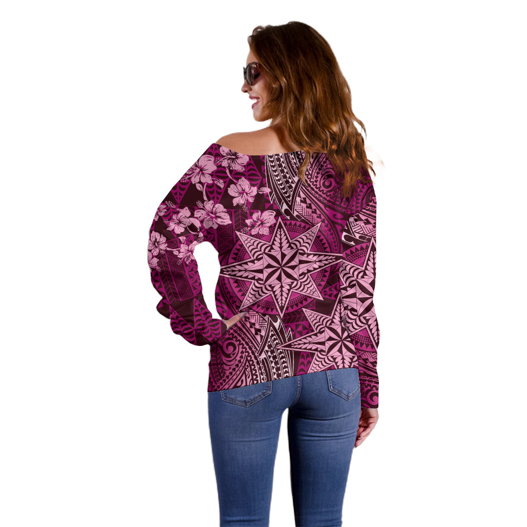 Vintage Tonga Tribal Ngatu Pattern Off Shoulder Sweater With Pacific Floral Pink Art