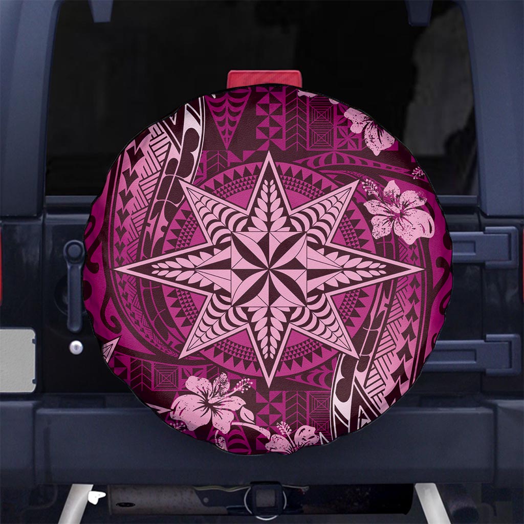 Vintage Tonga Tribal Ngatu Pattern Spare Tire Cover With Pacific Floral Pink Art LT9 - Polynesian Pride