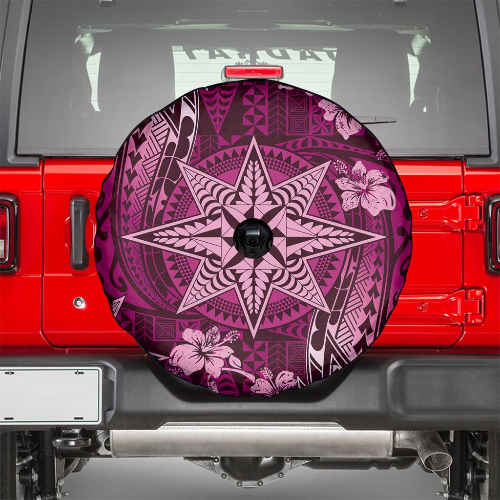 Vintage Tonga Tribal Ngatu Pattern Spare Tire Cover With Pacific Floral Pink Art LT9 - Polynesian Pride