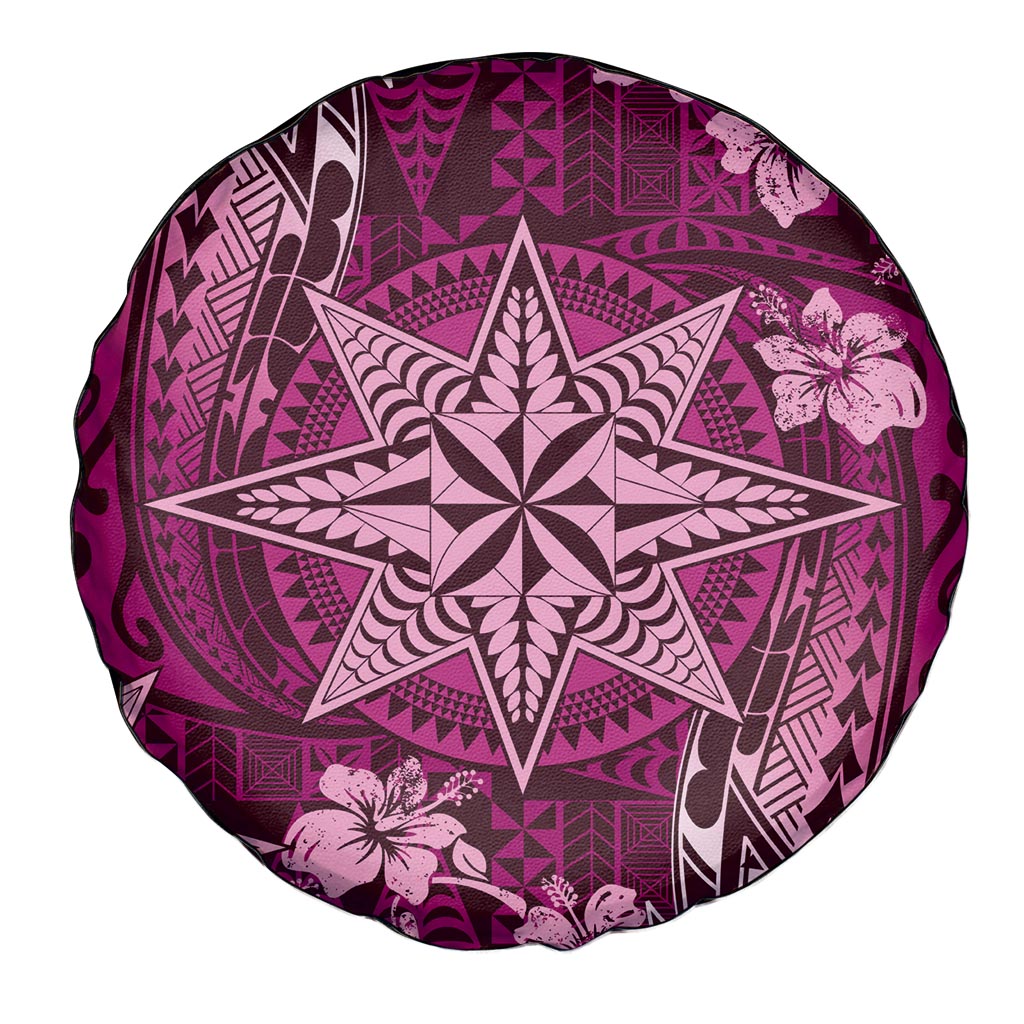 Vintage Tonga Tribal Ngatu Pattern Spare Tire Cover With Pacific Floral Pink Art LT9 - Polynesian Pride