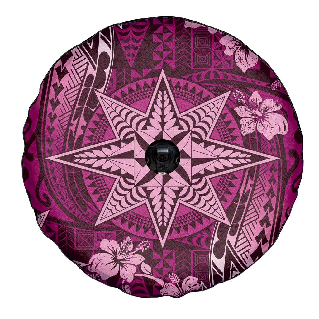 Vintage Tonga Tribal Ngatu Pattern Spare Tire Cover With Pacific Floral Pink Art LT9 - Polynesian Pride