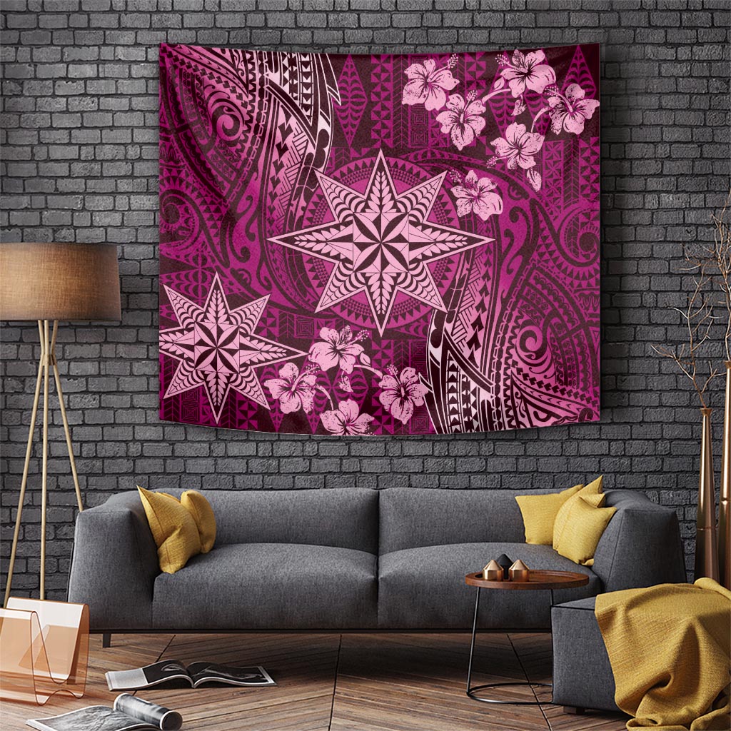 Vintage Tonga Tribal Ngatu Pattern Tapestry With Pacific Floral Pink Art