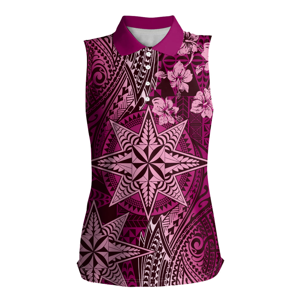 Vintage Tonga Tribal Ngatu Pattern Women Sleeveless Polo Shirt With Pacific Floral Pink Art LT9 Female Pink - Polynesian Pride