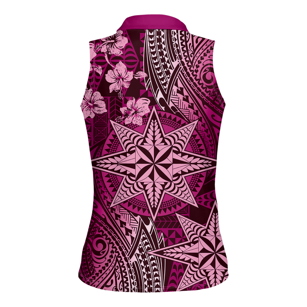Vintage Tonga Tribal Ngatu Pattern Women Sleeveless Polo Shirt With Pacific Floral Pink Art LT9 - Polynesian Pride