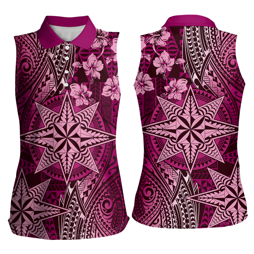 Vintage Tonga Tribal Ngatu Pattern Women Sleeveless Polo Shirt With Pacific Floral Pink Art LT9 - Polynesian Pride