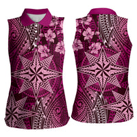 Vintage Tonga Tribal Ngatu Pattern Women Sleeveless Polo Shirt With Pacific Floral Pink Art LT9 - Polynesian Pride