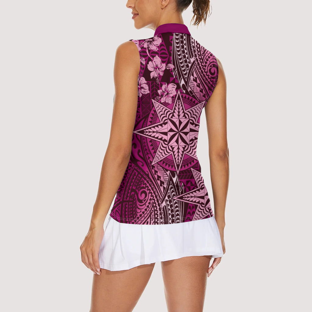 Vintage Tonga Tribal Ngatu Pattern Women Sleeveless Polo Shirt With Pacific Floral Pink Art LT9 - Polynesian Pride