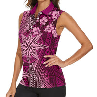 Vintage Tonga Tribal Ngatu Pattern Women Sleeveless Polo Shirt With Pacific Floral Pink Art LT9 - Polynesian Pride