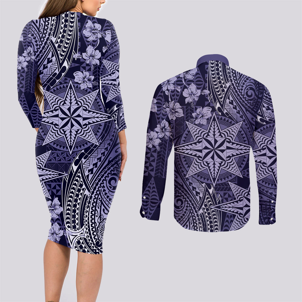 Vintage Tonga Tribal Ngatu Pattern Couples Matching Long Sleeve Bodycon Dress and Long Sleeve Button Shirt With Pacific Floral Pink Art LT9 - Polynesian Pride