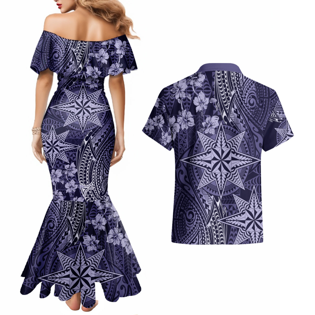 Vintage Tonga Tribal Ngatu Pattern Couples Matching Mermaid Dress and Hawaiian Shirt With Pacific Floral Pink Art LT9 - Polynesian Pride
