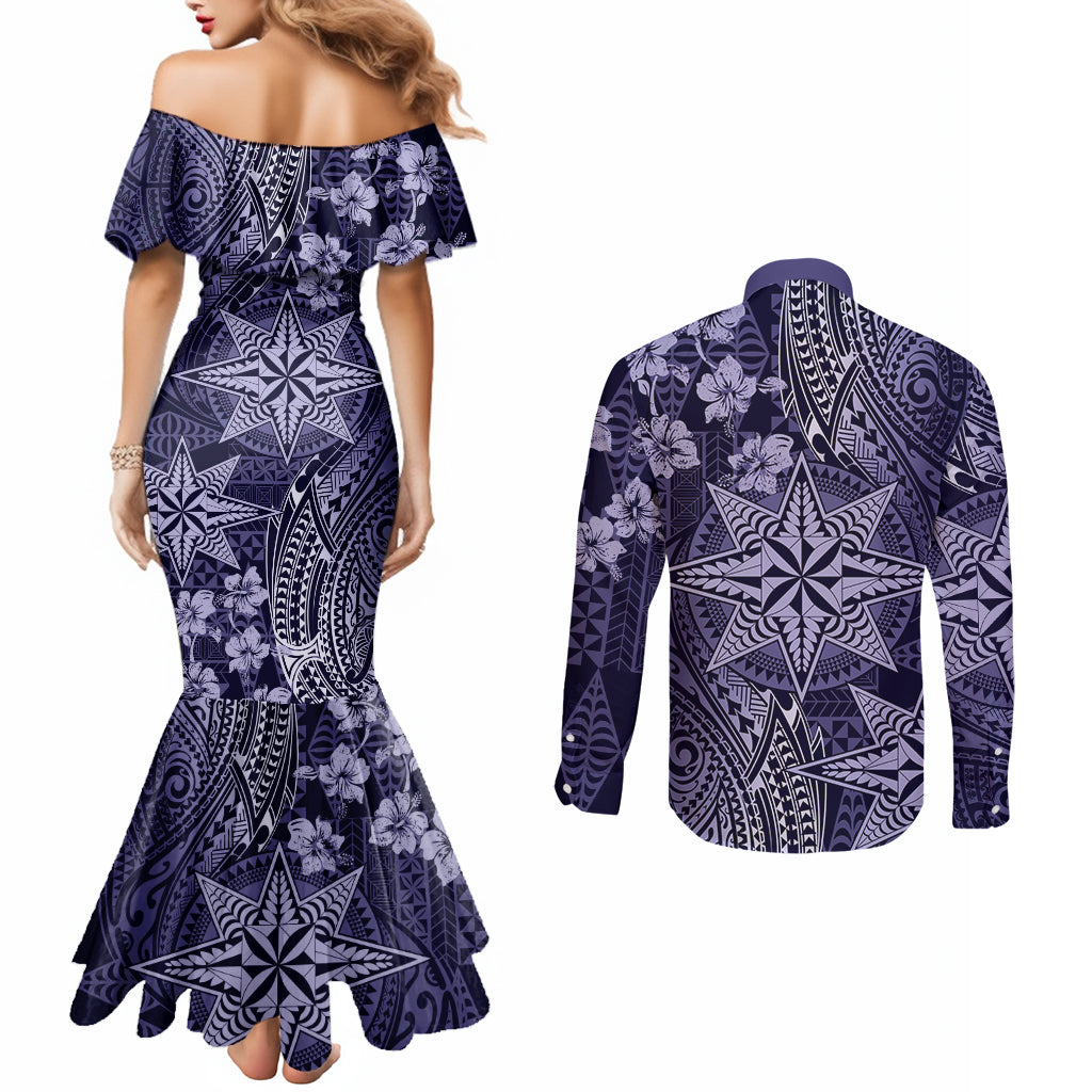 Vintage Tonga Tribal Ngatu Pattern Couples Matching Mermaid Dress and Long Sleeve Button Shirt With Pacific Floral Pink Art LT9 - Polynesian Pride