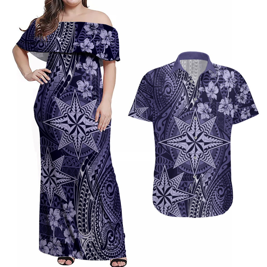 Vintage Tonga Tribal Ngatu Pattern Couples Matching Off Shoulder Maxi Dress and Hawaiian Shirt With Pacific Floral Pink Art LT9 Pink - Polynesian Pride