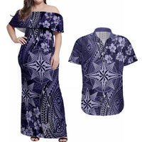 Vintage Tonga Tribal Ngatu Pattern Couples Matching Off Shoulder Maxi Dress and Hawaiian Shirt With Pacific Floral Pink Art LT9 Pink - Polynesian Pride