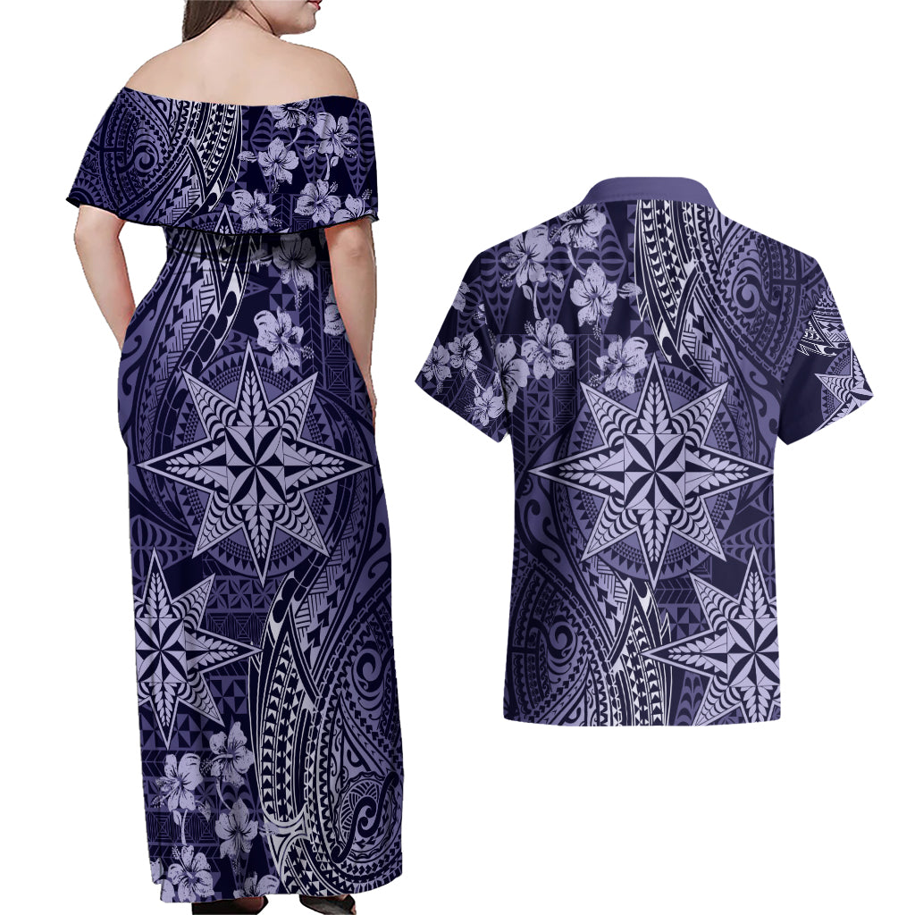 Vintage Tonga Tribal Ngatu Pattern Couples Matching Off Shoulder Maxi Dress and Hawaiian Shirt With Pacific Floral Pink Art LT9 - Polynesian Pride