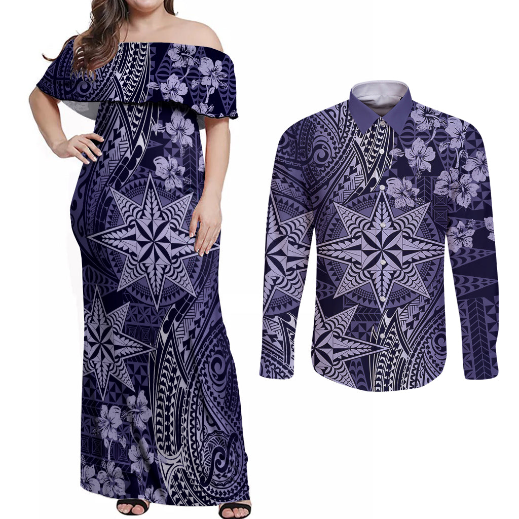 Vintage Tonga Tribal Ngatu Pattern Couples Matching Off Shoulder Maxi Dress and Long Sleeve Button Shirt With Pacific Floral Pink Art LT9 Pink - Polynesian Pride