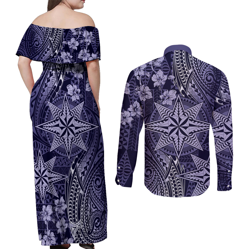 Vintage Tonga Tribal Ngatu Pattern Couples Matching Off Shoulder Maxi Dress and Long Sleeve Button Shirt With Pacific Floral Pink Art LT9 - Polynesian Pride