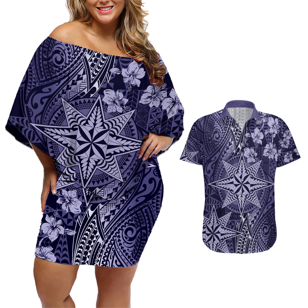 Vintage Tonga Tribal Ngatu Pattern Couples Matching Off Shoulder Short Dress and Hawaiian Shirt With Pacific Floral Pink Art LT9 Pink - Polynesian Pride