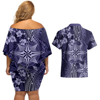 Vintage Tonga Tribal Ngatu Pattern Couples Matching Off Shoulder Short Dress and Hawaiian Shirt With Pacific Floral Pink Art LT9 - Polynesian Pride