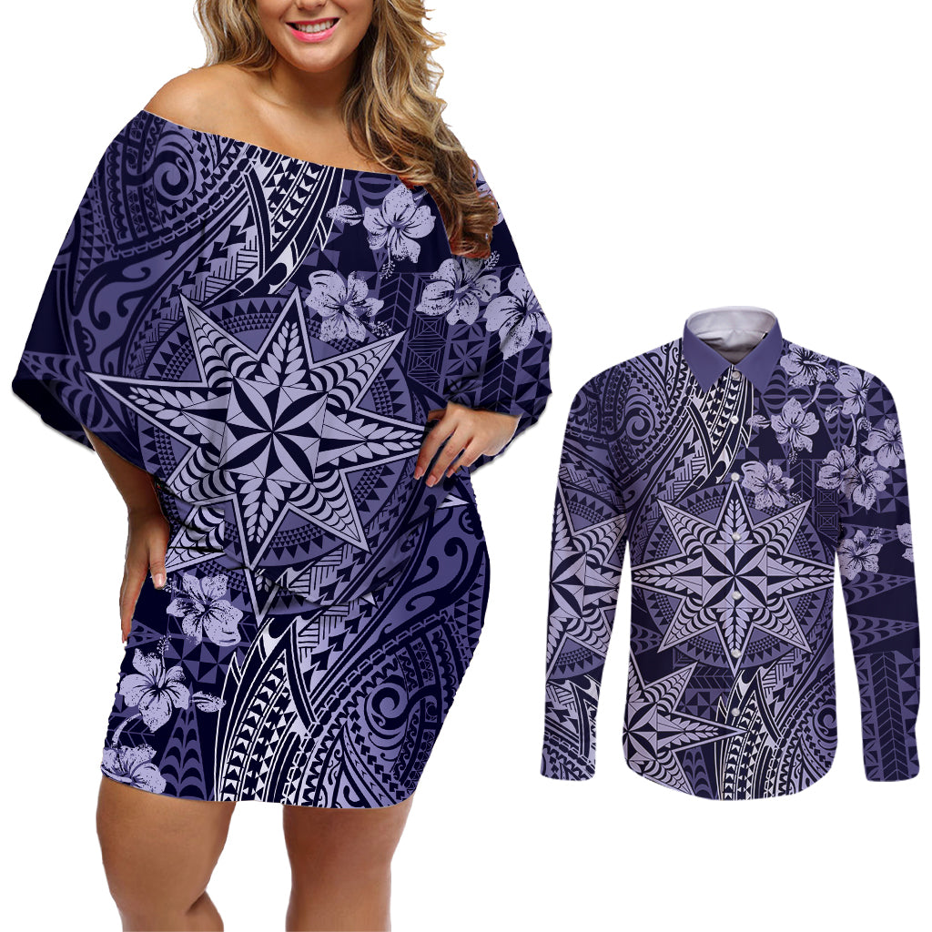 Vintage Tonga Tribal Ngatu Pattern Couples Matching Off Shoulder Short Dress and Long Sleeve Button Shirt With Pacific Floral Pink Art LT9 Pink - Polynesian Pride
