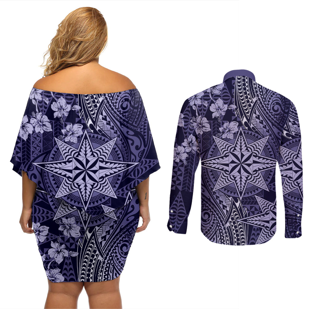 Vintage Tonga Tribal Ngatu Pattern Couples Matching Off Shoulder Short Dress and Long Sleeve Button Shirt With Pacific Floral Pink Art LT9 - Polynesian Pride