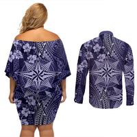 Vintage Tonga Tribal Ngatu Pattern Couples Matching Off Shoulder Short Dress and Long Sleeve Button Shirt With Pacific Floral Pink Art LT9 - Polynesian Pride