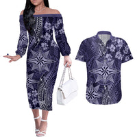 Vintage Tonga Tribal Ngatu Pattern Couples Matching Off The Shoulder Long Sleeve Dress and Hawaiian Shirt With Pacific Floral Pink Art LT9 Pink - Polynesian Pride