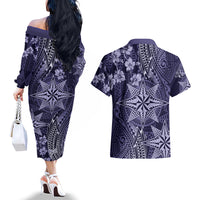 Vintage Tonga Tribal Ngatu Pattern Couples Matching Off The Shoulder Long Sleeve Dress and Hawaiian Shirt With Pacific Floral Pink Art LT9 - Polynesian Pride