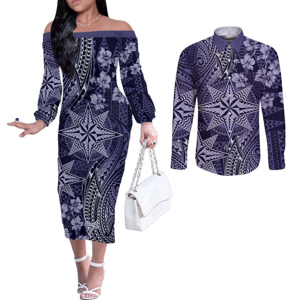 Vintage Tonga Tribal Ngatu Pattern Couples Matching Off The Shoulder Long Sleeve Dress and Long Sleeve Button Shirt With Pacific Floral Pink Art LT9 Pink - Polynesian Pride
