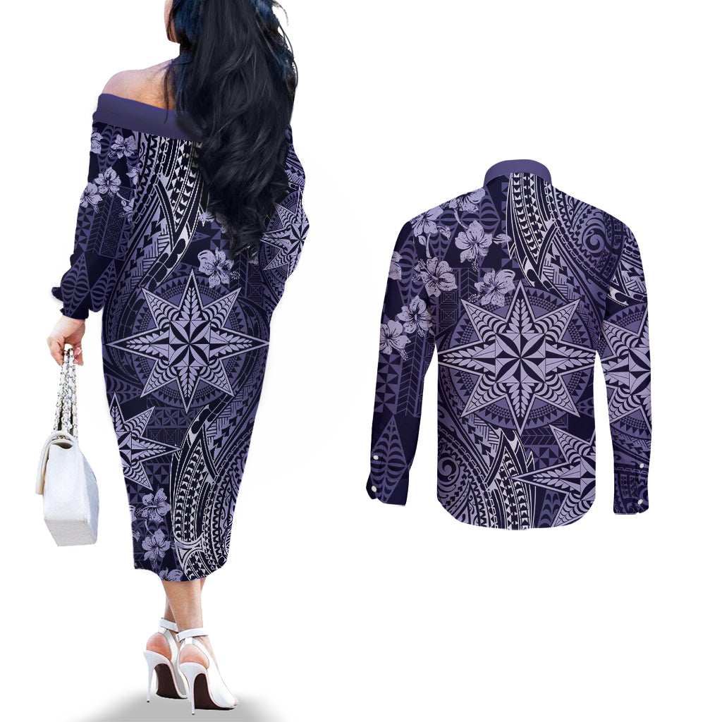 Vintage Tonga Tribal Ngatu Pattern Couples Matching Off The Shoulder Long Sleeve Dress and Long Sleeve Button Shirt With Pacific Floral Pink Art LT9 - Polynesian Pride